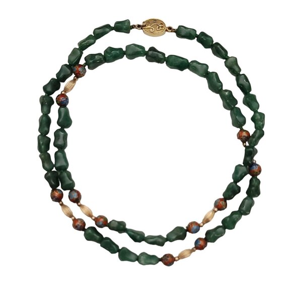 Silver Chinese Export Red Cloisonné, Aventurine Knotted Bead Necklace 30" L E869 - Picture 4 of 12